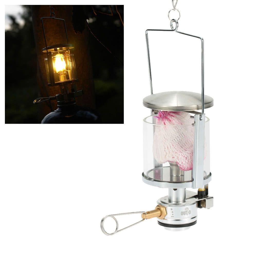Mini Portable Camping Lantern Gas Light Tent Lamp Torch Hanging Glass Lamp Chimney with Butane as Fuel 60LUX