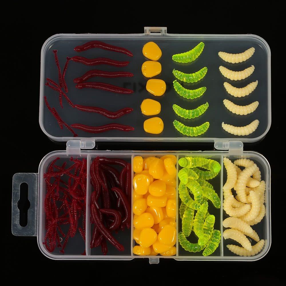 Lixada 160pcs/lot Fishing Lures Earthworm Corn Maggot Grub Worms Soft Bait Lures Set Kit with Tackle Box