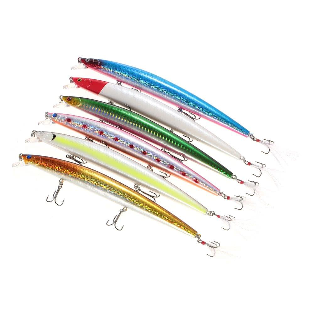 6PCS Diving Minnow Fishing Lures 22g 185mm 0.3-0.9M Artificial Bait Hard Fishing Lure Set Wobbler Bait with #6 Feather Hooks