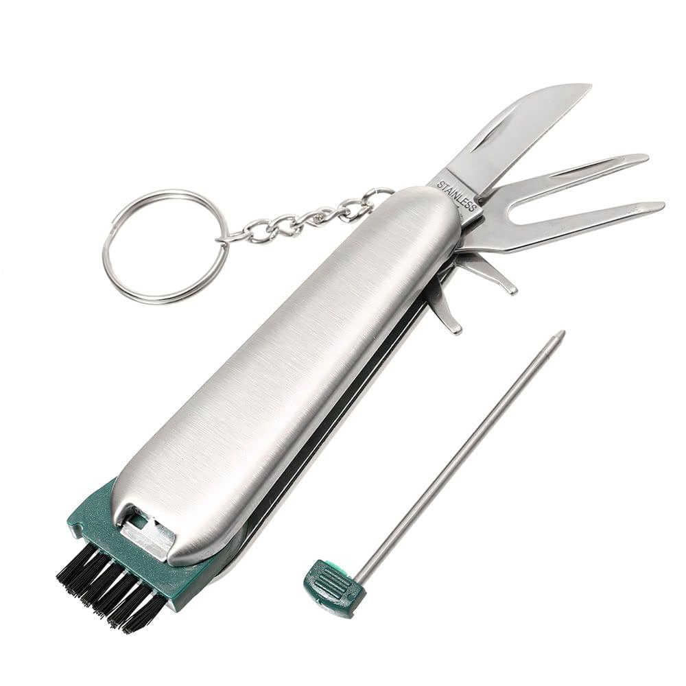 Multipurpose Golfer Tool Divot Repair Tool Ball Marker Score Pen Scrub Cleaning Brush Club Groove Cleaner All in One Stainless Steel Golf Tool