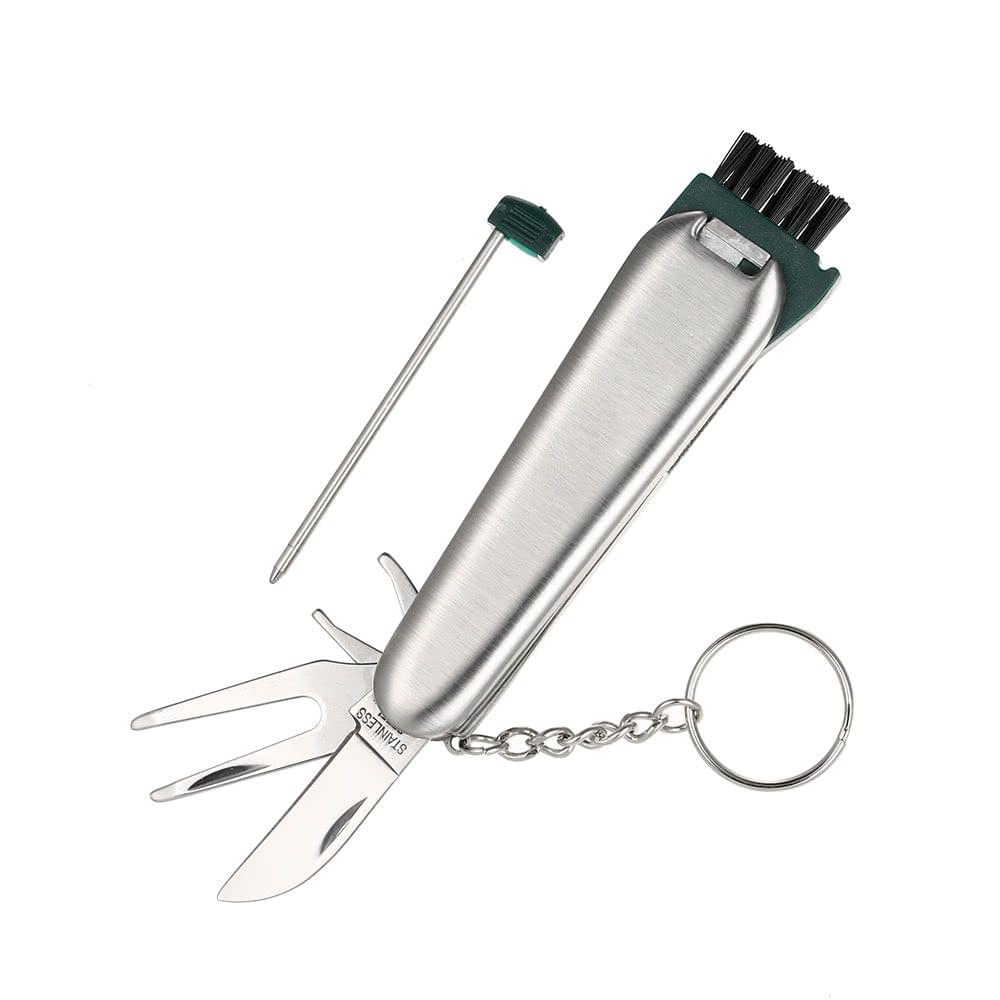 Multipurpose Golfer Tool Divot Repair Tool Ball Marker Score Pen Scrub Cleaning Brush Club Groove Cleaner All in One Stainless Steel Golf Tool