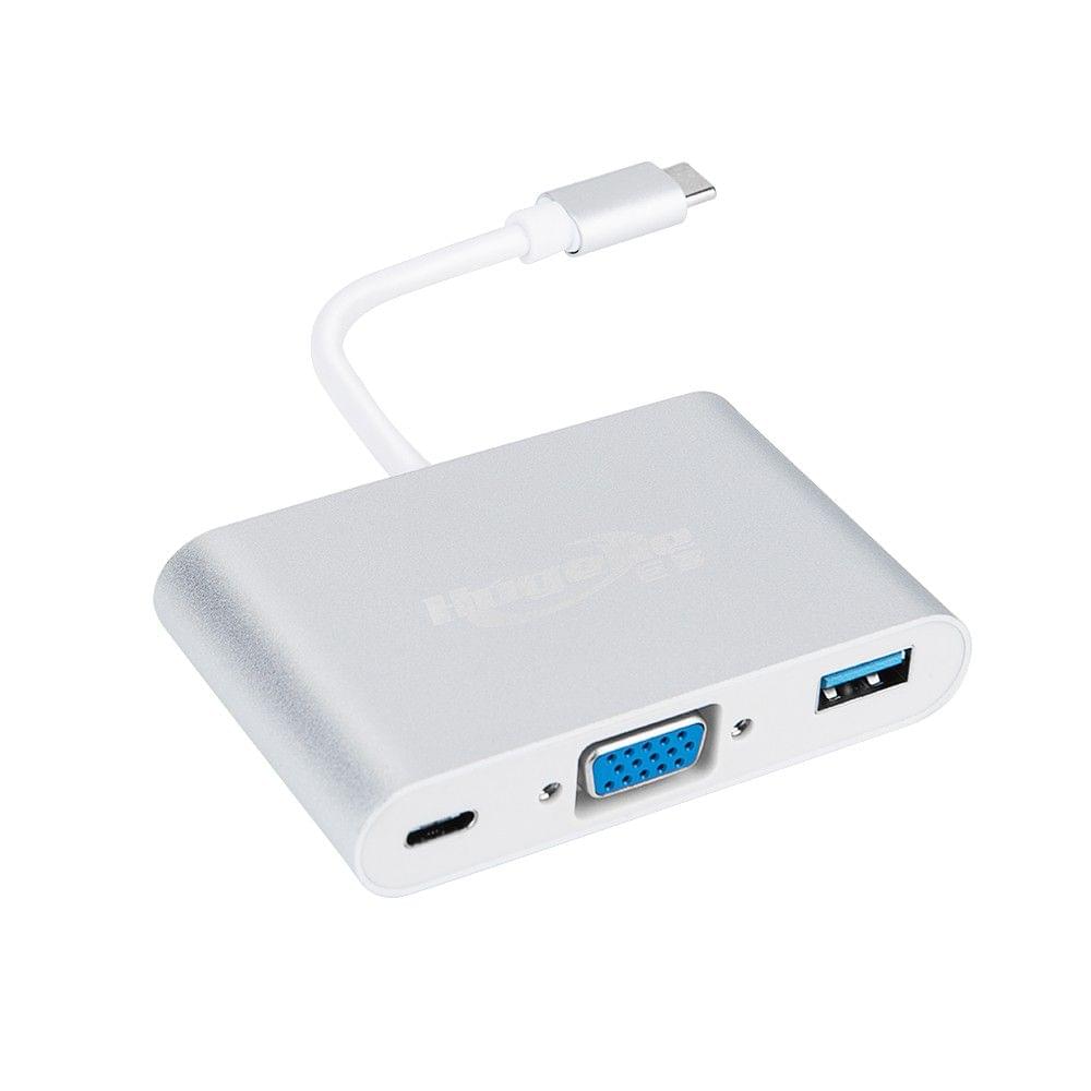 Hugeke 3 in 1 Type-C Expansion Hub USB C to USB3.0/VGA/PD Adapter 1080P Converter for Mac/Huawei/Samsung (Silver)