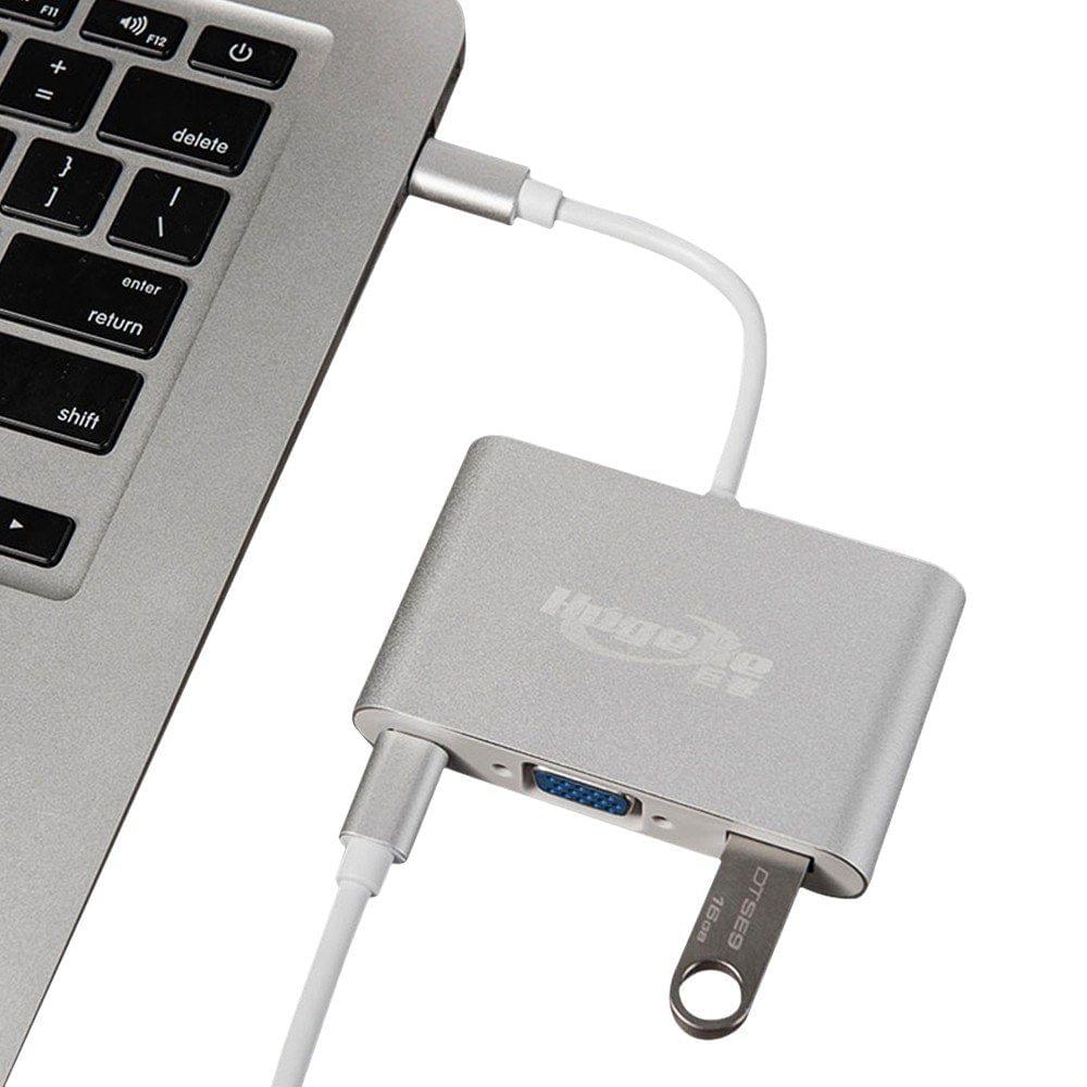 Hugeke 3 in 1 Type-C Expansion Hub USB C to USB3.0/VGA/PD Adapter 1080P Converter for Mac/Huawei/Samsung (Silver)