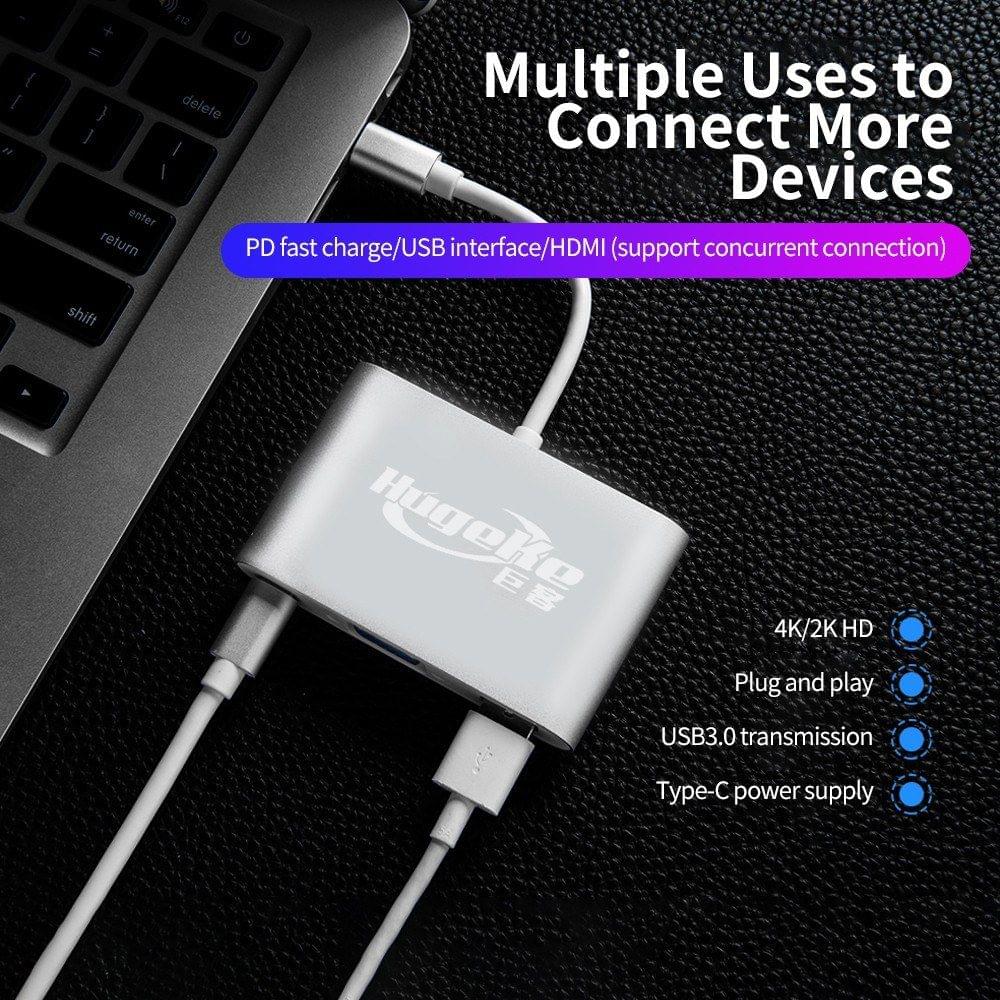 Hugeke 3 in 1 Type-C Expansion Hub USB C to USB3.0/VGA/PD Adapter 1080P Converter for Mac/Huawei/Samsung (Silver)