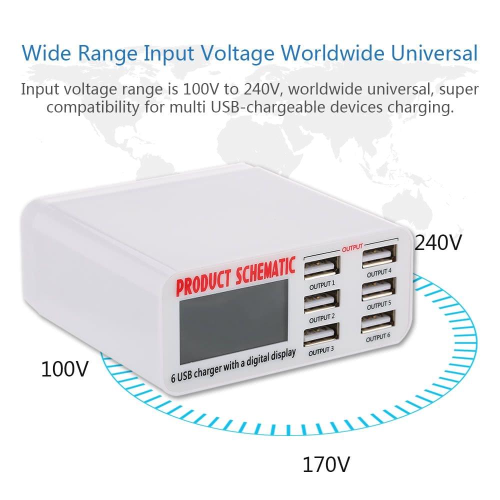6 Ports 6A USB Desktop Phone Charger Adapter Hub Multi Port USB Wall Charger Dock Station Rapid Charging Socket with LCD Display Intelligent IC Auto Detect Tech
