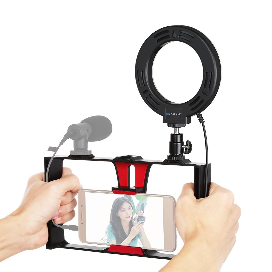 PULUZ 2 in 1 Vlogging Live Broadcast Smartphone Video Rig + 4.7 inch 12cm Ring LED Selfie Light Kits with Cold Shoe Tripod Head for iPhone, Galaxy, Huawei, Xiaomi, HTC, LG, Google, and Other Smartphones (Red)