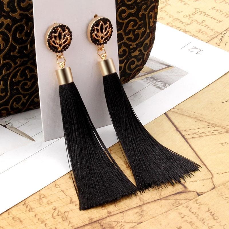 Bohemian Long Tassel Vintage Statement Drop Earrings for Women (Black)