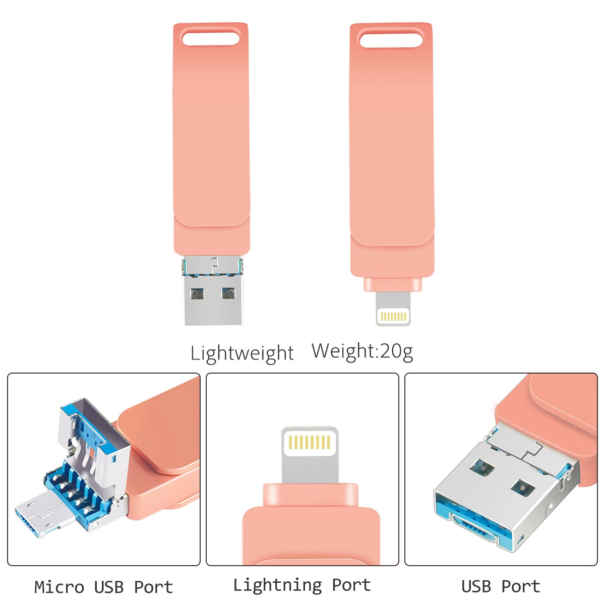 Uniqkart R-PK004 16GB OTG U Disk Memory Stick Lightning/Micro USB/USB 3.0 3 in 1 Rotary Flash Drive - Pink