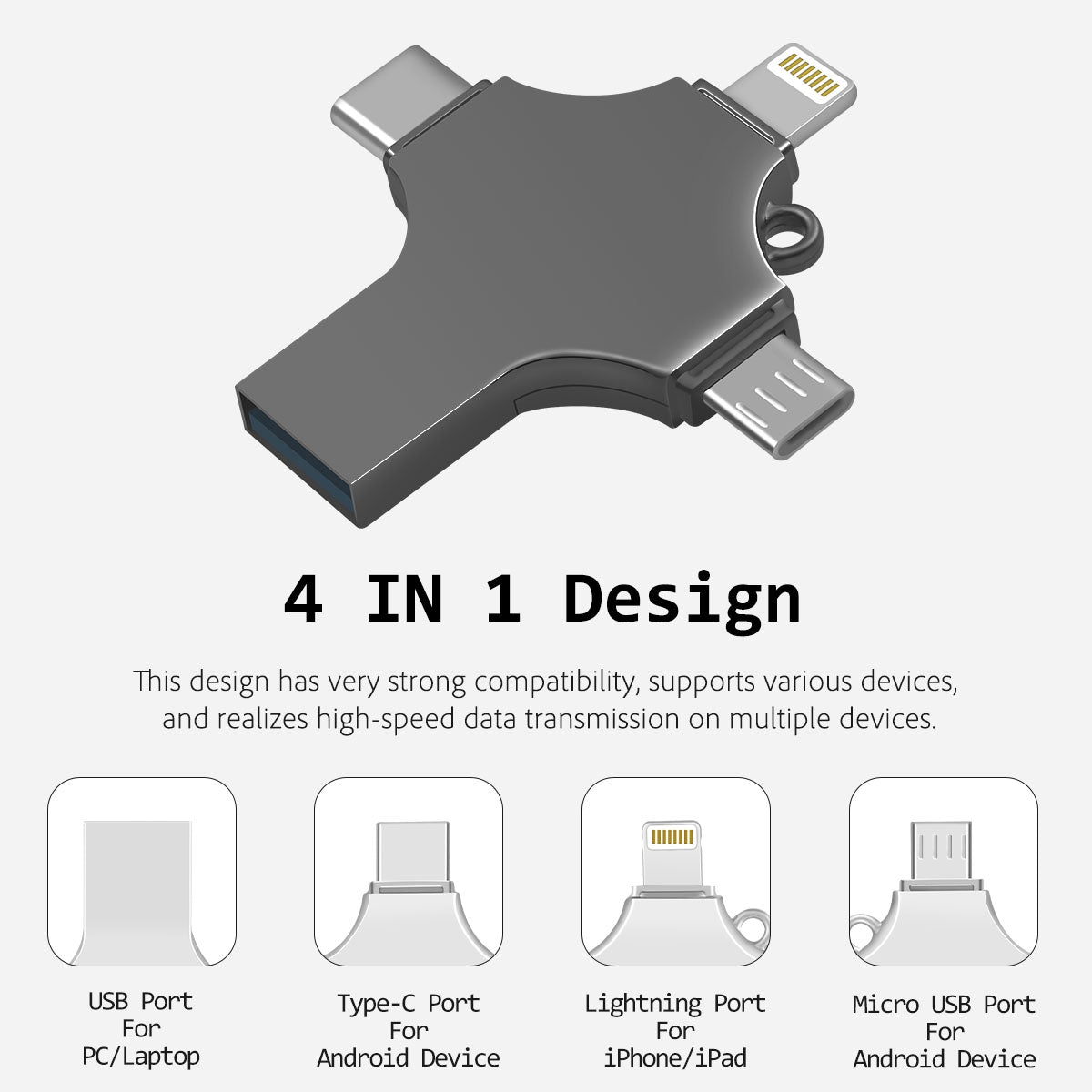 RICHWELL R-SZPM 64G 4-in-1 USB Flash Drive Phone Adapter Thumb Memory Drive for Cell Phones and Computer - Black