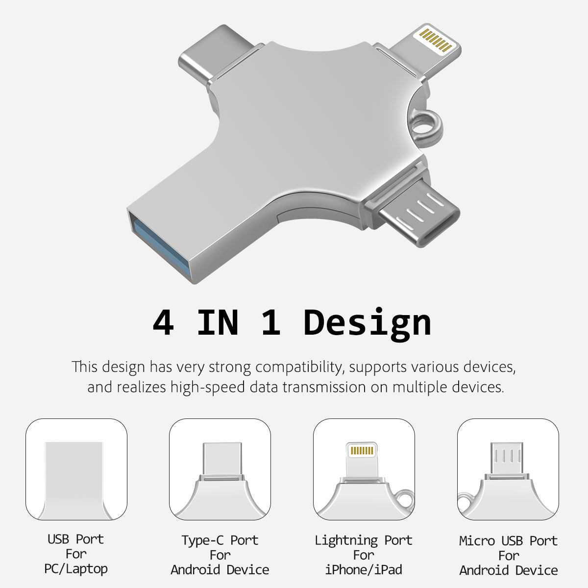 RICHWELL R-SZPM 64G 4-in-1 USB Flash Drive Phone Adapter Thumb Memory Drive for Cell Phones and Computer - Silver