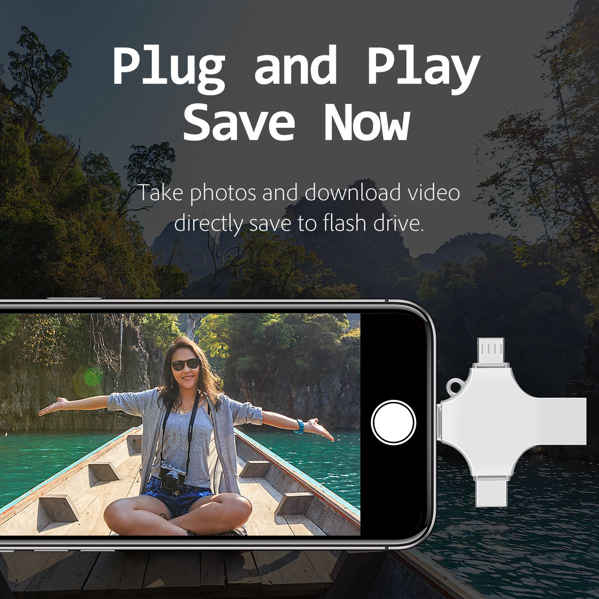 RICHWELL R-SZPM 64G 4-in-1 USB Flash Drive Phone Adapter Thumb Memory Drive for Cell Phones and Computer - Silver