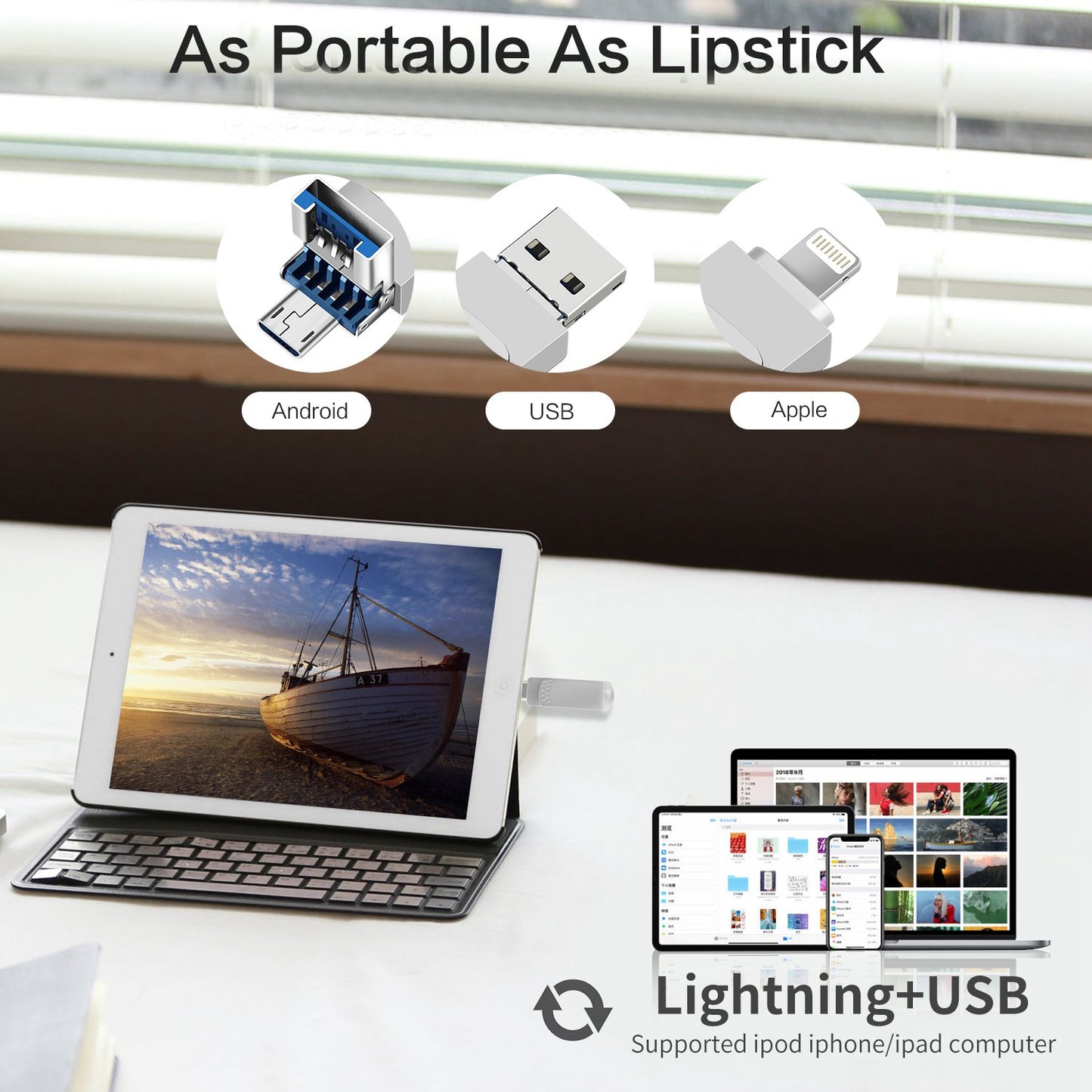 RICHWELL 64GB External Storage Mini U Disk for iPhone Android 3 in 1 Memory Stick USB 3.0 Flash Drive - Silver