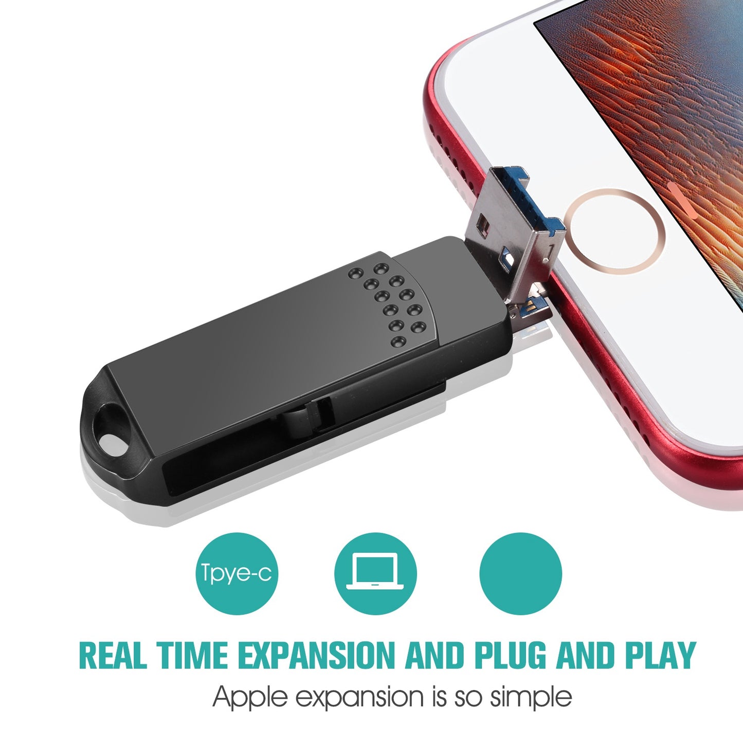 Uniqkart 32GB USB 3.0 Flash Drive Type C/Lightning/USB Thumb Drive Swivel Memory Stick Data Storage U Disk - Black