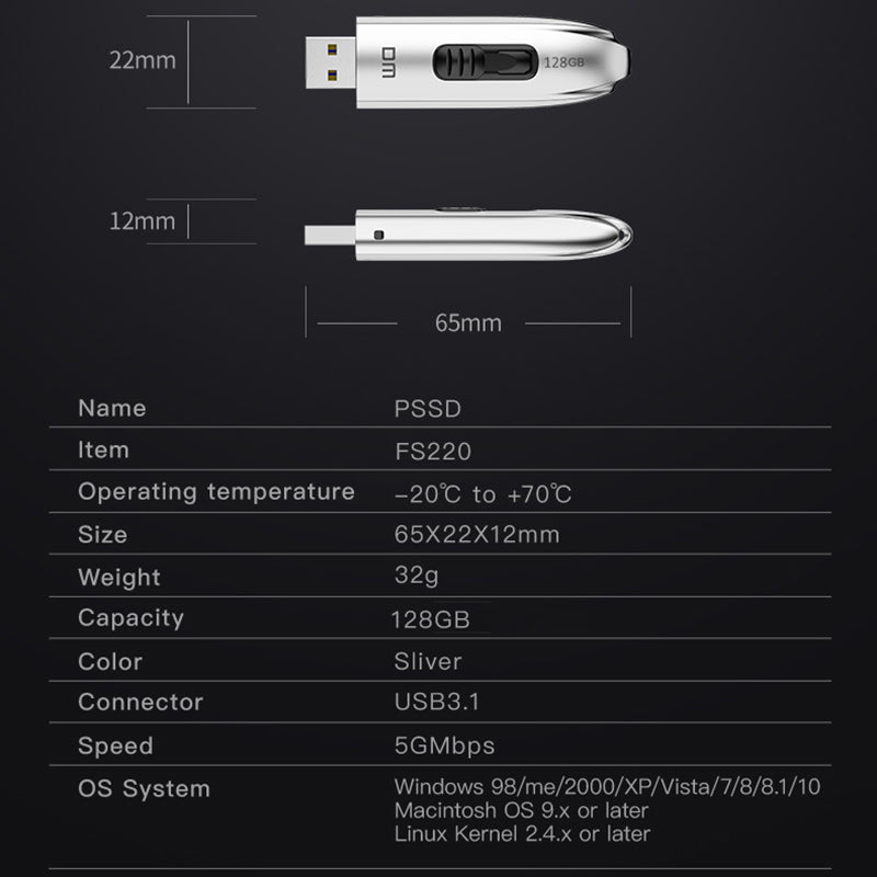 DM FS220 128GB Portable USB3.1 Hard Drive Push-pull Flash Disk External Solid Flash Drive