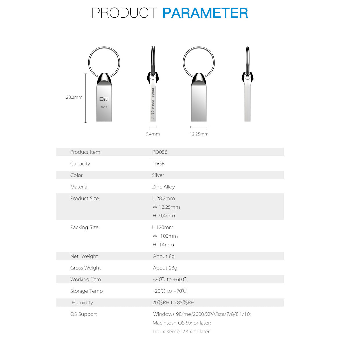 DM PD086 USB 2.0 16GB Portable USB Flash Drive Zinc Alloy Computer Laptop U-disk