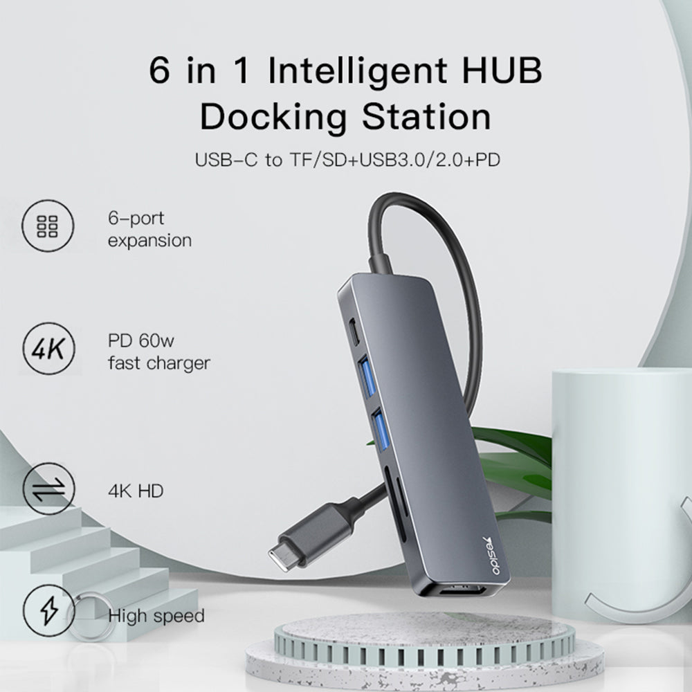 HB11 Type-C 6-in-1 Hub 4K HDMI USB3.0/2.0 TF SD Card Reader PD 60W Adapter Docking Station