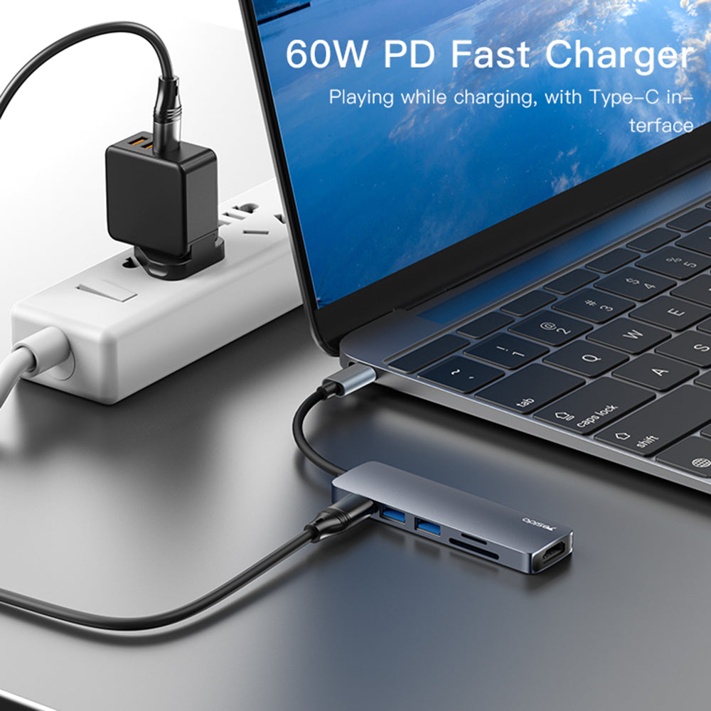 HB11 Type-C 6-in-1 Hub 4K HDMI USB3.0/2.0 TF SD Card Reader PD 60W Adapter Docking Station