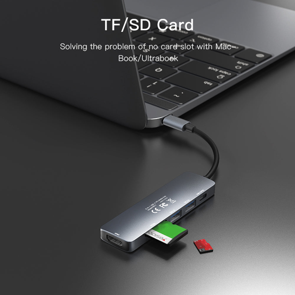 HB11 Type-C 6-in-1 Hub 4K HDMI USB3.0/2.0 TF SD Card Reader PD 60W Adapter Docking Station