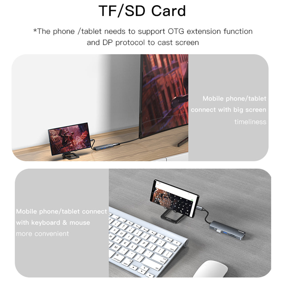 HB11 Type-C 6-in-1 Hub 4K HDMI USB3.0/2.0 TF SD Card Reader PD 60W Adapter Docking Station