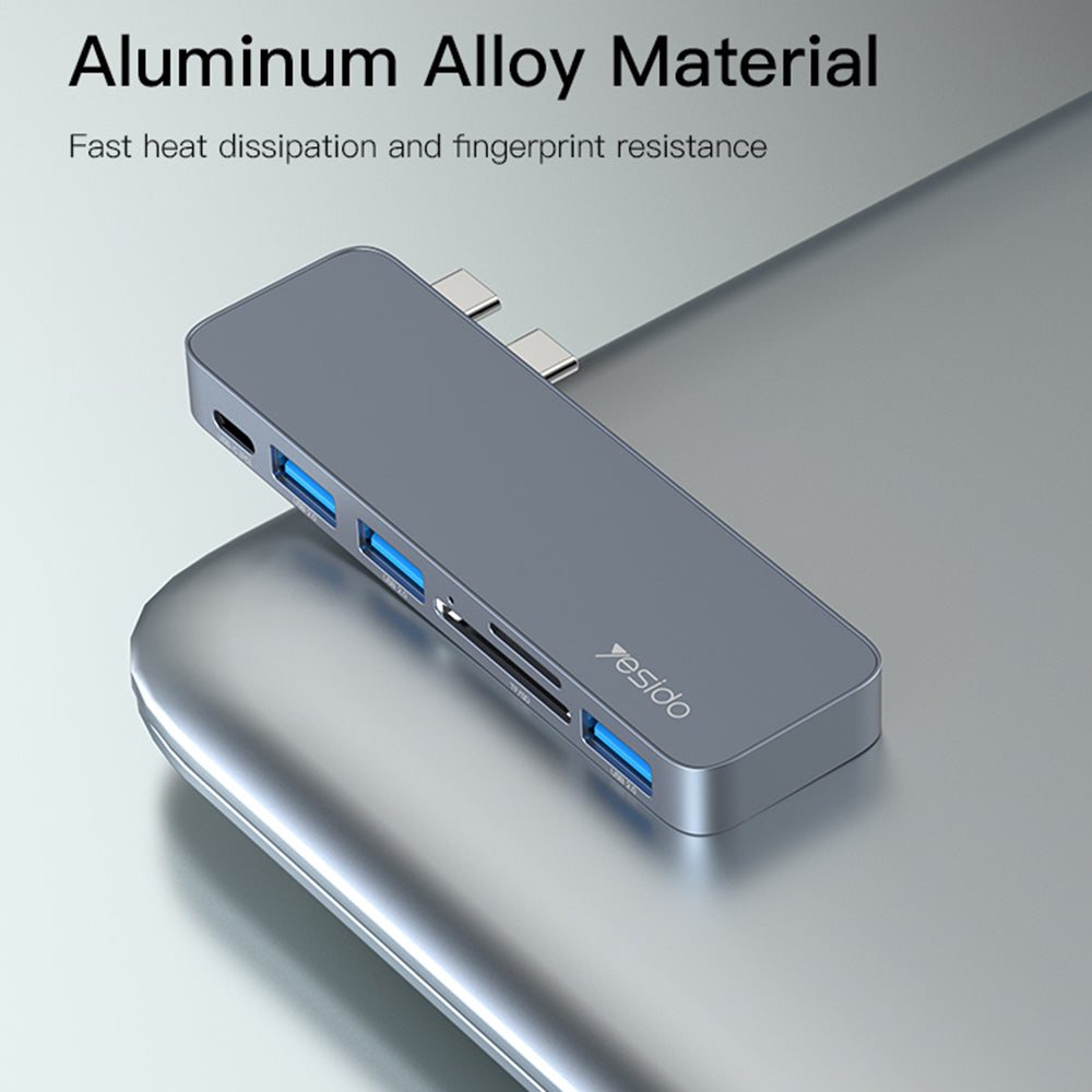 HB10 Dual Type-C Hub Splitter 6-in-1 USB3.0 TF/Memord Card Reader PD Adapter Notebook Docking Station