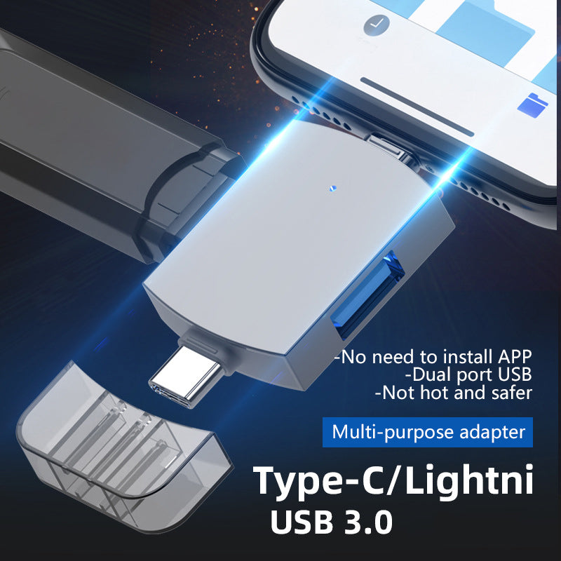 2 in 1 Type C+Lightning USB 3.0 OTG Adapter Portable U Disk Mouse Keyboard Converter - Black