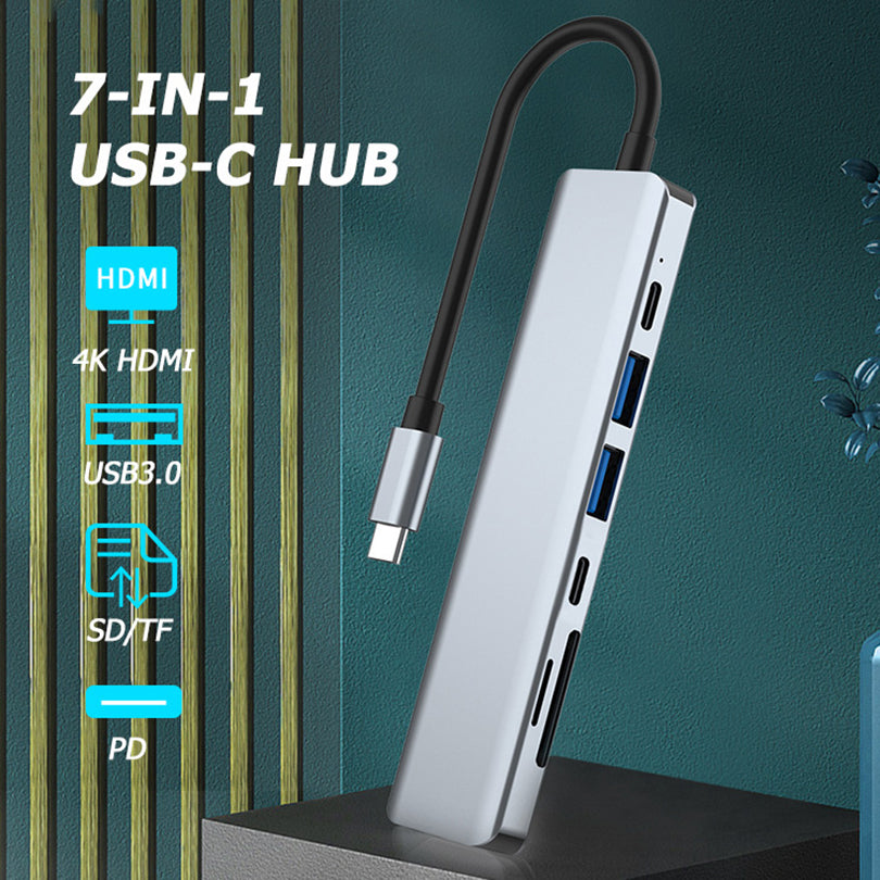 YG-2121 7 in 1 USB 3.1 Type-C Hub Adapter Data Synchronizer HDMI 4K 30Hz Multi-Port Docking Station with TD/TF/USB3.0
