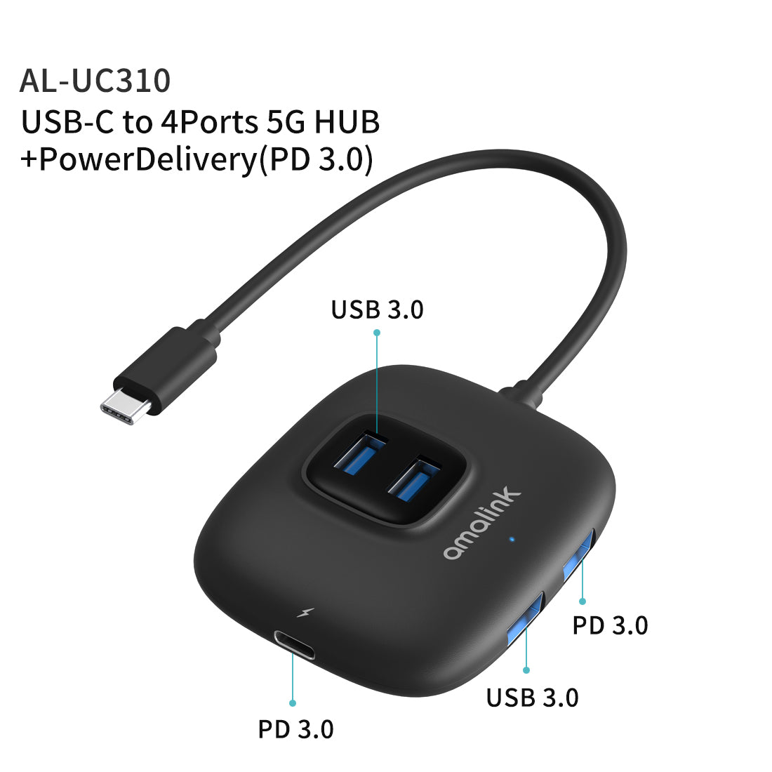 AL-UC310 Portable 5Gbps Type-C to USB 3.0 4 Ports + PD 3.0 Hub