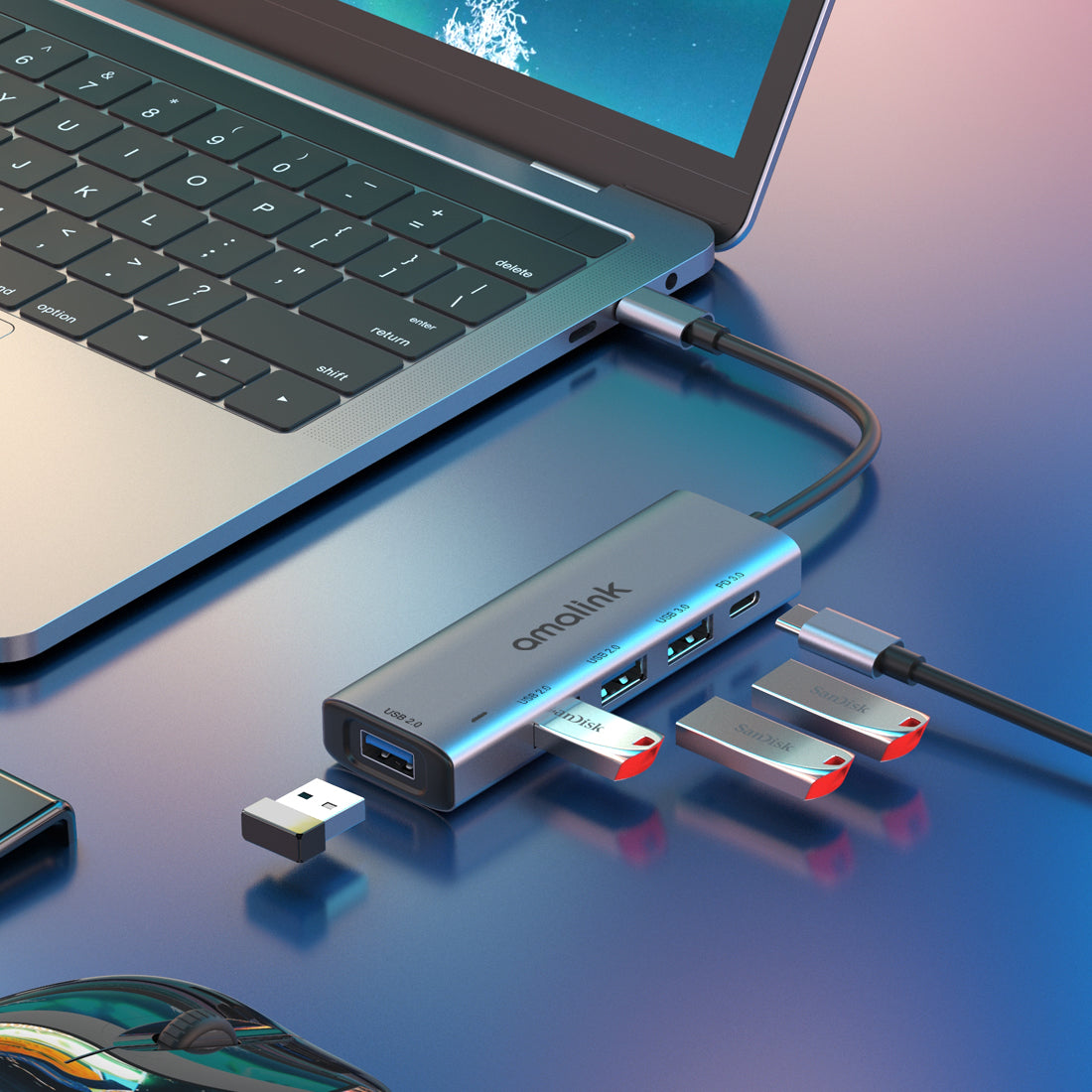 AL-95119D 5-in-1 USB C Hub to 4xUSB Ports and 1xPD3.0 Port Adapter Fast Charging USB C Hub for Laptops Computers Mobile Phones