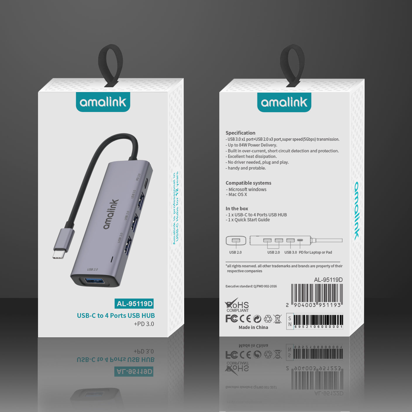 AL-95119D 5-in-1 USB C Hub to 4xUSB Ports and 1xPD3.0 Port Adapter Fast Charging USB C Hub for Laptops Computers Mobile Phones