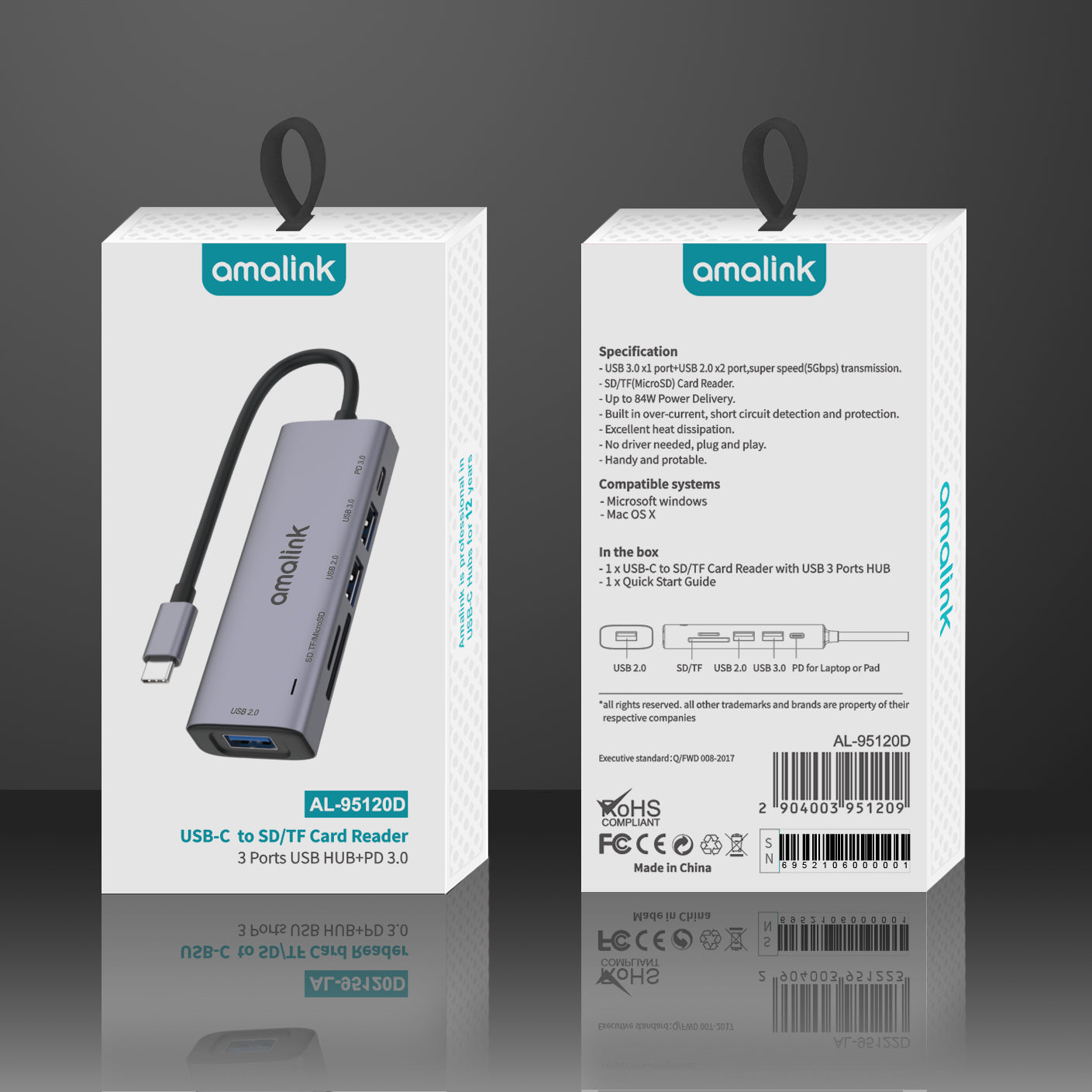 AL-95120D 6 in 1 Type C Hub TF Card Reader 2x USB 2.0 3.0 PD 3.0 Fast Charging Adapter