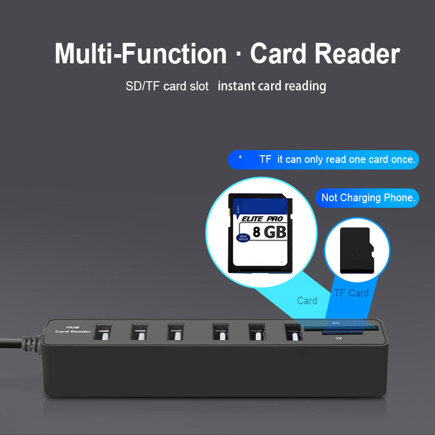 USB2.0 Hub Adapter 6 Ports TF Card Reader USB Hub Support 480Mbps Transfer Speed for Laptops/PC
