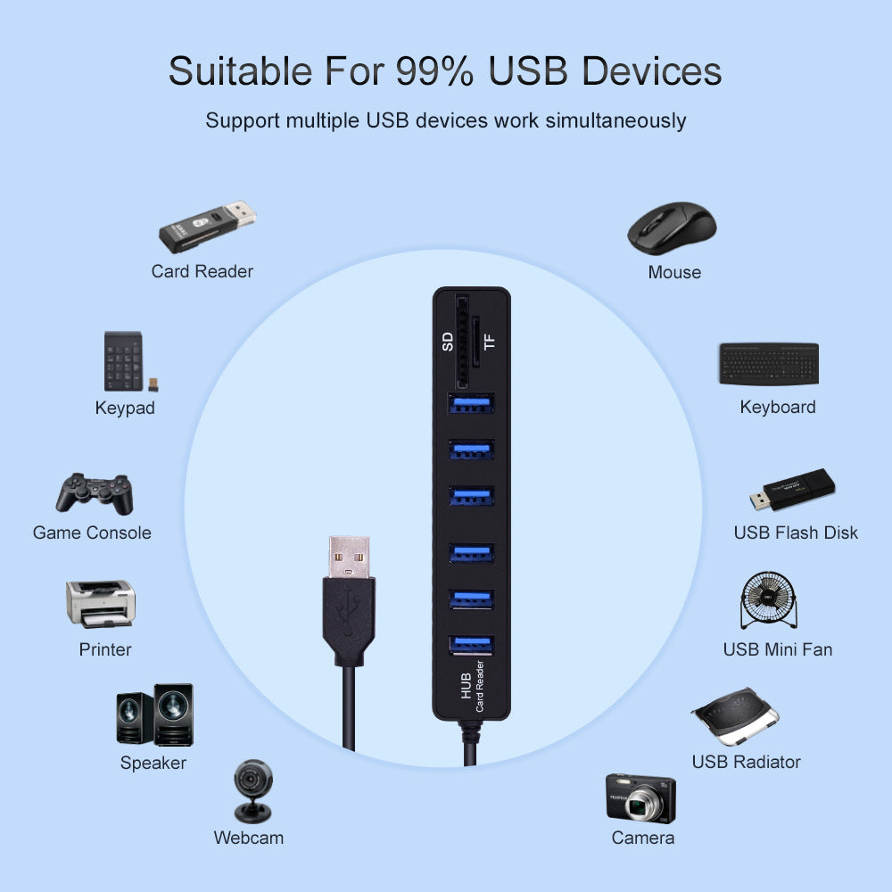 USB2.0 Hub Adapter 6 Ports TF Card Reader USB Hub Support 480Mbps Transfer Speed for Laptops/PC
