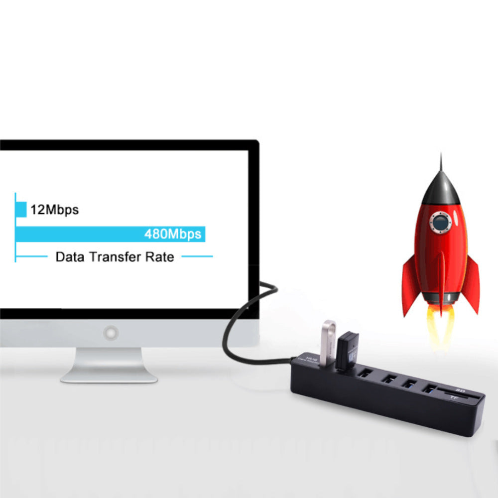 USB2.0 Hub Adapter 6 Ports TF Card Reader USB Hub Support 480Mbps Transfer Speed for Laptops/PC