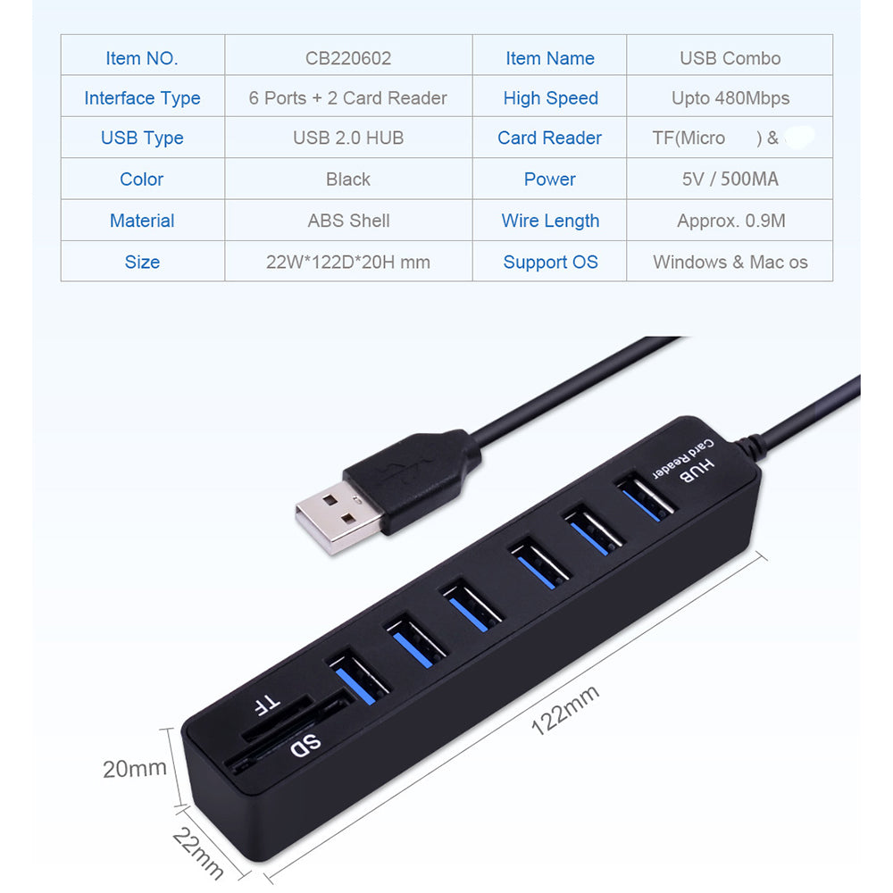 USB2.0 Hub Adapter 6 Ports TF Card Reader USB Hub Support 480Mbps Transfer Speed for Laptops/PC