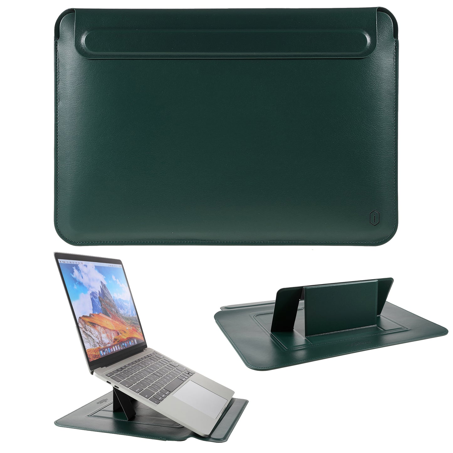 WIWU Skinpro Ultra-thin Laptop Stand Sleeve Leather Notebook Pouch Bag for MacBook Pro 16-inch - Blackish Green