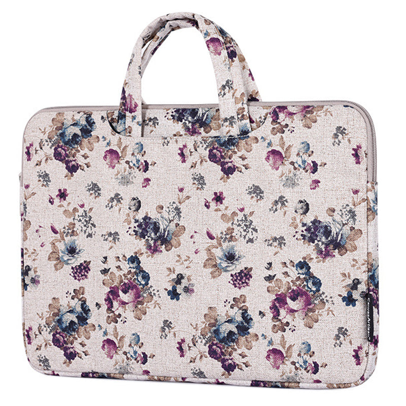 H2-B02 Flower Pattern Zipper Laptop Sleeve Carrying Bag Handbag for 13-inch Notebook - Khaki