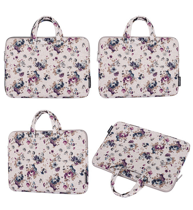 H2-B02 Flower Pattern Zipper Laptop Sleeve Carrying Bag Handbag for 13-inch Notebook - Khaki