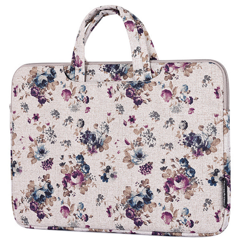 H2-B02 Flower Pattern Notebook Sleeve Laptop Handbag Carrying Bag for 12-inch Laptop - Khaki