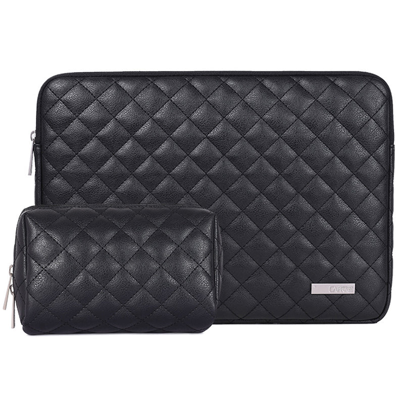 Canvasartisan L19-451 Rhombus Grid Pattern PU Leather Laptop Sleeve Carrying Case with Small Bag for 14-inch Notebook - Black