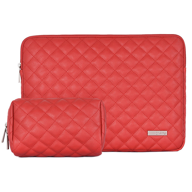 Canvasartisan L19-451 Rhombus Grid Pattern PU Leather Protective Laptop Sleeve Carrying Case with Small Bag for 14-inch Notebook - Red