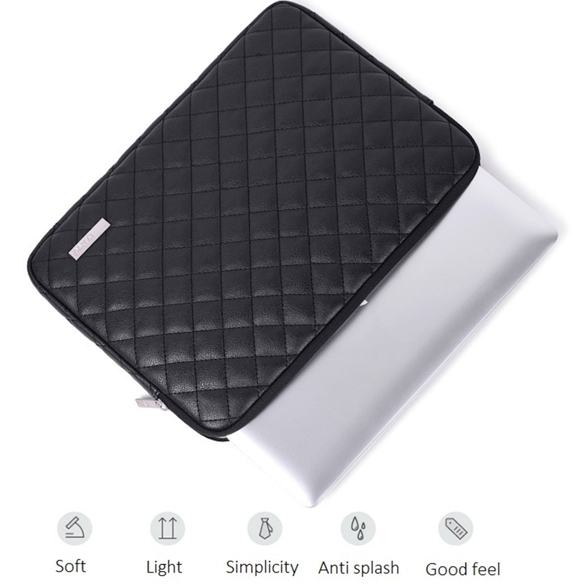 Canvasartian L19-451 Large Handbag Rhombus Grid PU Leather Notebook Sleeve Computer Sleeve 15inch Laptop Bag - Black