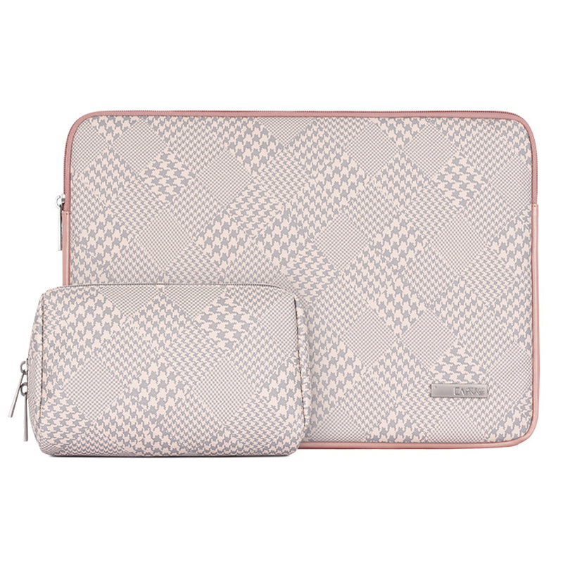 Canvasartisan L21-451 Houndstooth Pattern Laptop Sleeve Protective Case + Small Bag for 11-inch Notebook - Pink Edge