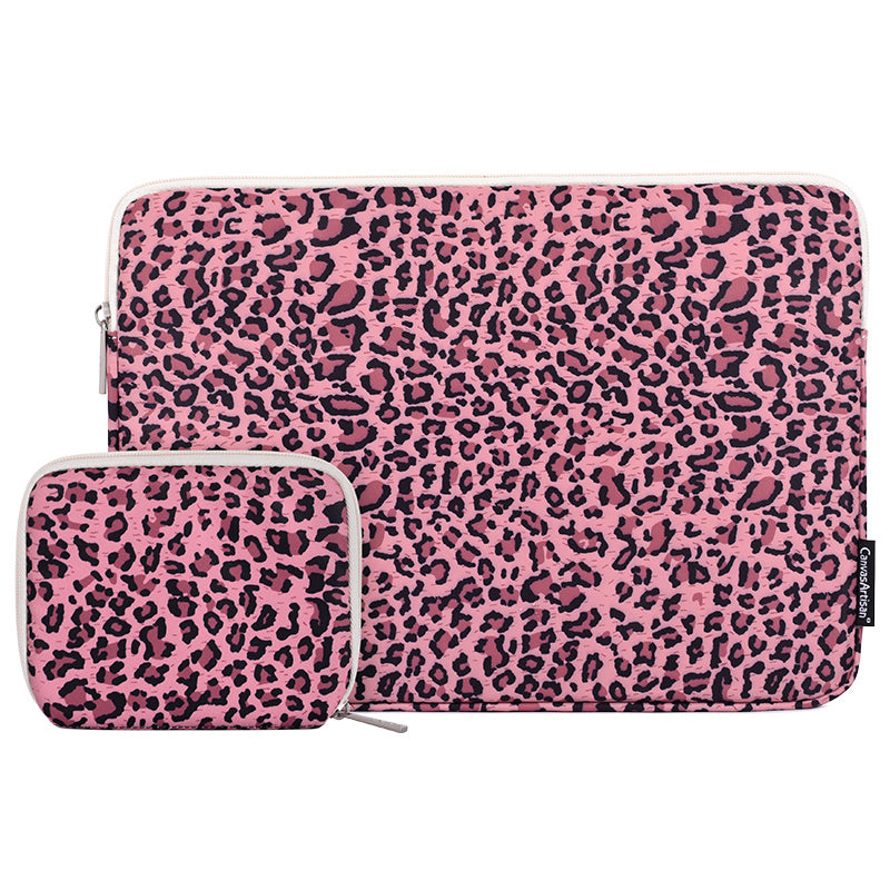 Canvasartian H31-T0123 Shockproof Carry Case Leopard Printed Sleeve Bag with Small Bag for 14" Laptops - Pink