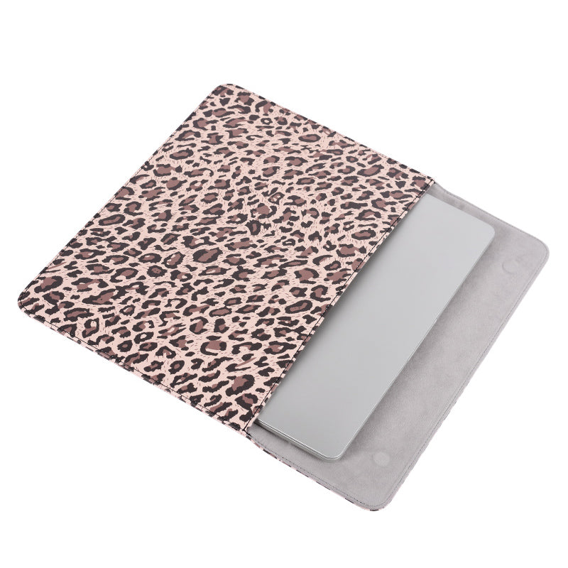 Leopard Printed Fashion Laptop Sleeve PU Leather Magnetic Lid Envelope Notebook Bag - Yellow/14 inch