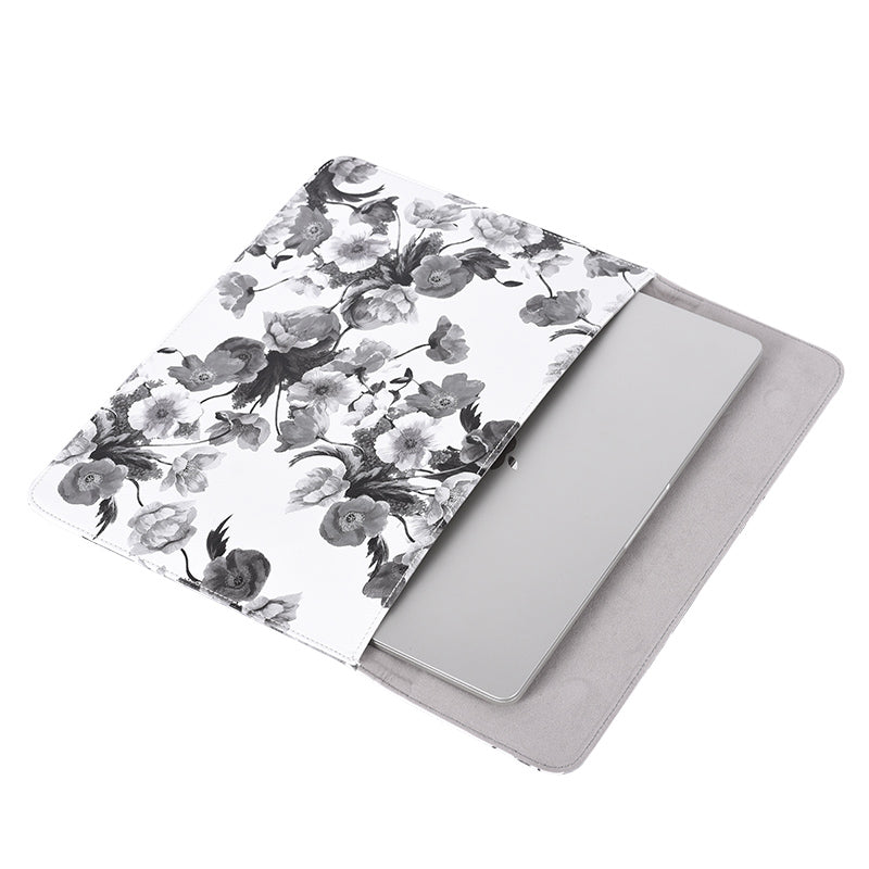 Ink Painting Style Flower Printed PU Leather Laptop Sleeve Magnetic Lid Notebook Carrying Bag - 15-inch