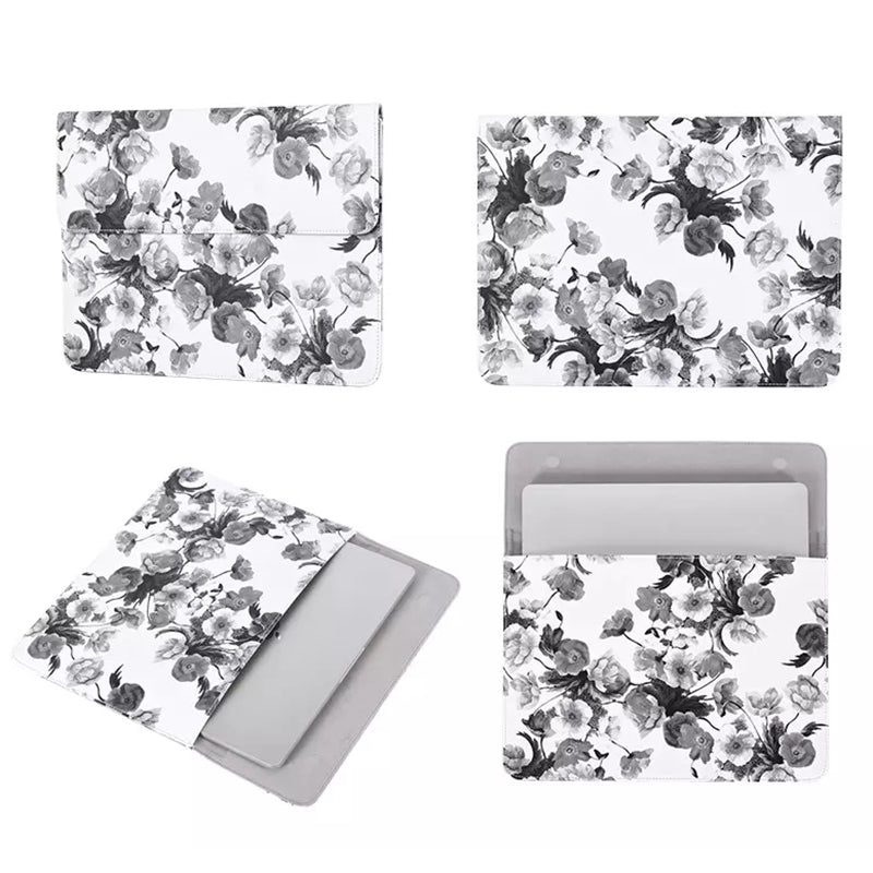 Ink Painting Style Flower Printed PU Leather Laptop Sleeve Magnetic Lid Notebook Carrying Bag - 15-inch