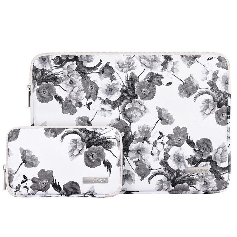Watercolor Flower Pattern Laptop Sleeve Notebook Case with Small Bag - White/for 14-inch Laptop