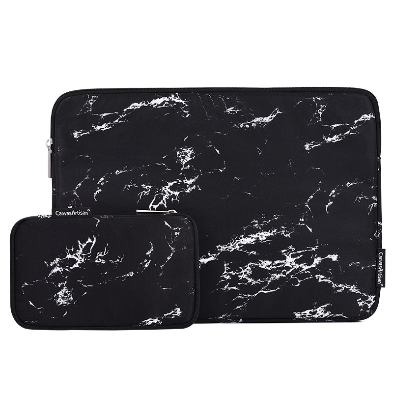Marble Pattern Zipper Closure Laptop Carrying Bag Notebook Protective Sleeve with Small Bag - Black/for 11-inch Laptop