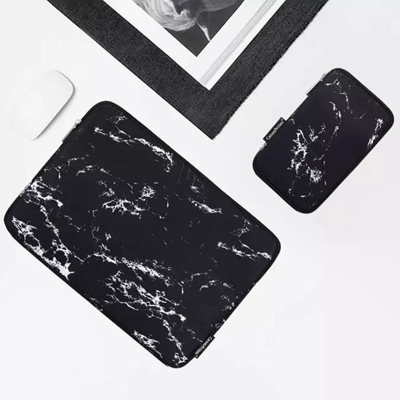 Marble Pattern Zipper Closure Laptop Carrying Bag Notebook Protective Sleeve with Small Bag - Black/for 15-inch Laptop