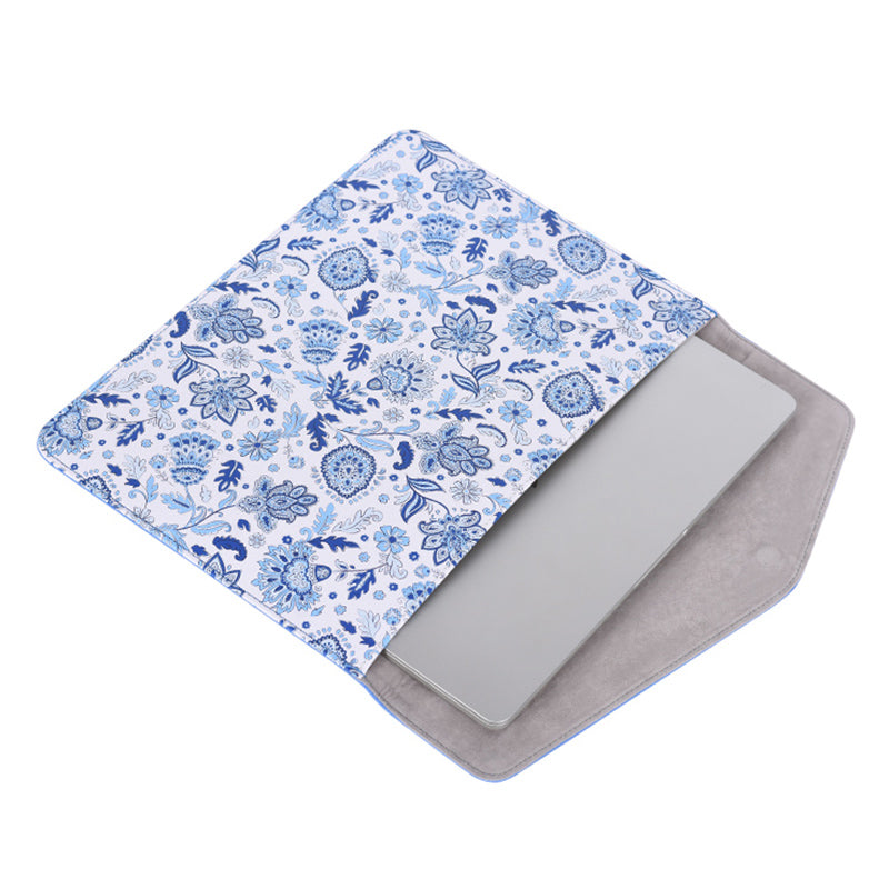 Magnetic Flip Cover PU Leather Laptop Sleeve Flower Pattern Notebook Case - Blue/for 15-inch Laptop